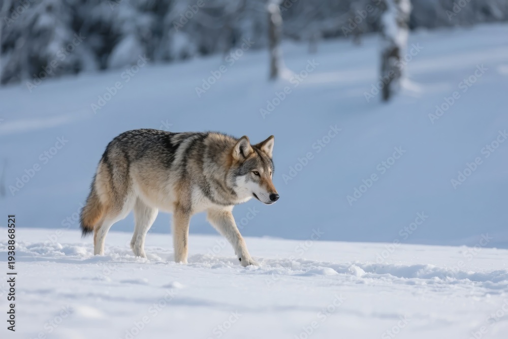 Obraz premium Wolf walking across a snowy landscape in winter