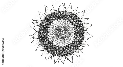 Detailed black and white sunflower drawing, central seed pattern, delicate petals, isolated on white.