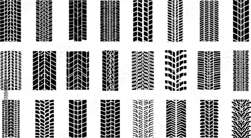 Automotive Transportation Vector Tire Tracks Collection - Black  White Flat Silhouette Tread Patterns for Vehicle, Off-Road, Race, and Industrial Design