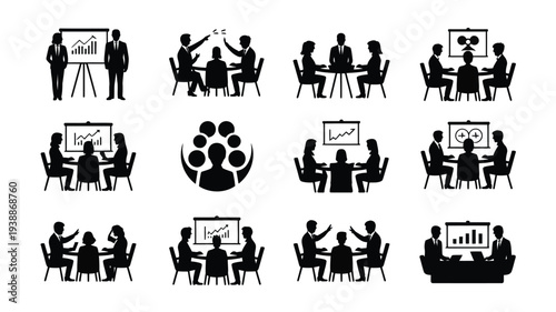 Business meeting silhouettes bundle teamwork collaboration and presentation icons for corporate concepts