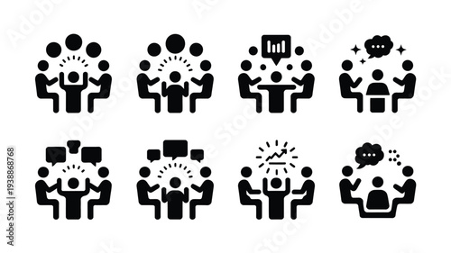Black silhouette icons of people brainstorming and discussing ideas in a team collaboration and communication concept