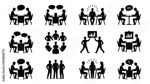 Black silhouettes of people in business meetings and brainstorming sessions teamwork and collaboration icons