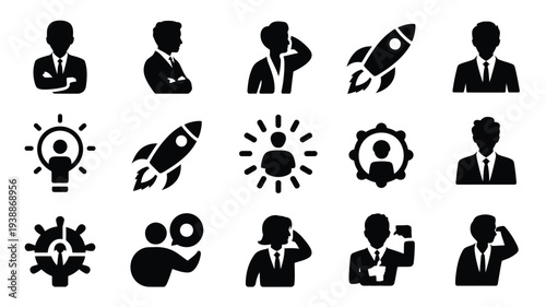 Collection of black business professional and startup icons on white background representing innovation and corporate success