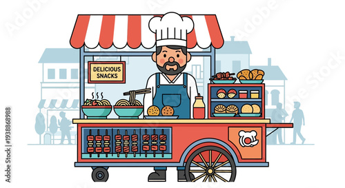 Smiling Chef Standing Behind Food Cart.