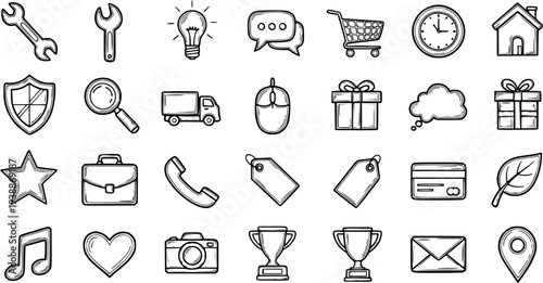 Black and White Hand-Drawn Doodle Outline Icons Set for Business, E-commerce, Web, Communication, and Utility - Sketch Line Art Symbols