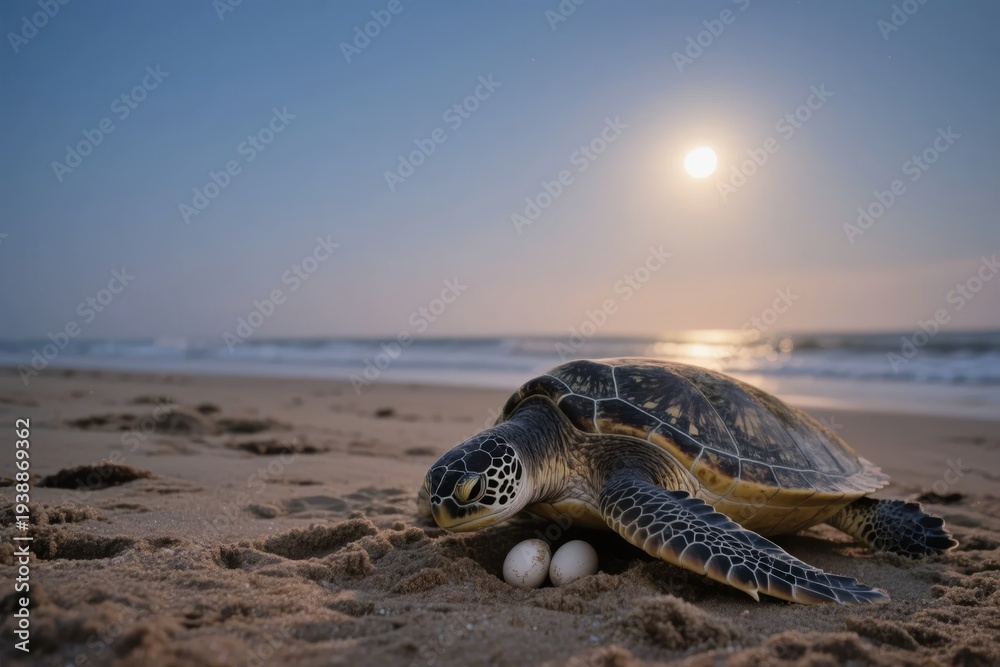 Fototapeta premium Sea turtle laying eggs on sandy beach at sunset