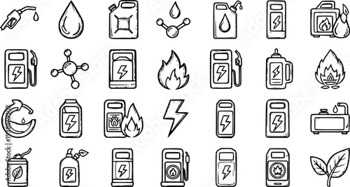 Hand-drawn Doodle Line Art Icons Set for Fuel, Energy, Power, and Chemical Industries in Black  White