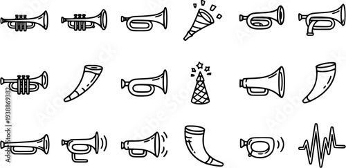 Hand-drawn Horns, Trumpets, and Party Noisemakers Line Art Icons. Doodle Musical Instruments and Sound Wave Outlines for Music  Celebration.