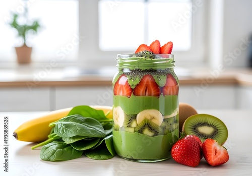 Green smoothie with strawberries kiwi banana and spinach in a kitchen setting