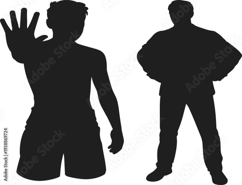 Black vector silhouettes of people making stop hand gesture and standing with arms on hips
