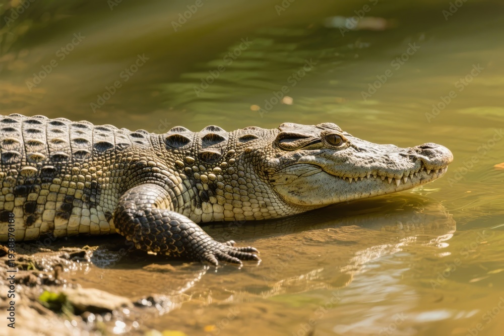 Obraz premium A crocodile resting partially in murky water, basking on a muddy bank with its head above the surface.