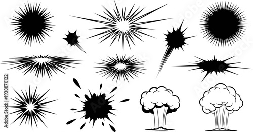 A collection of comic explosion and burst illustrations in black and white on a plain background