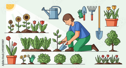 Woman Gardening with Various Plants and Tools.