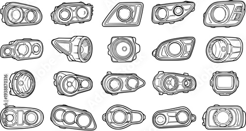 Automotive Car Headlights Line Art Vector Set. Collection of Outline Headlamps for Vehicle Parts, Auto Design Elements, and Service Icons.