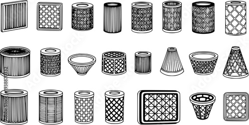 Automotive and Industrial Filters Vector Line Art Icons. Black and White Set of Air, Oil, Fuel, and HVAC Filtration System Components.