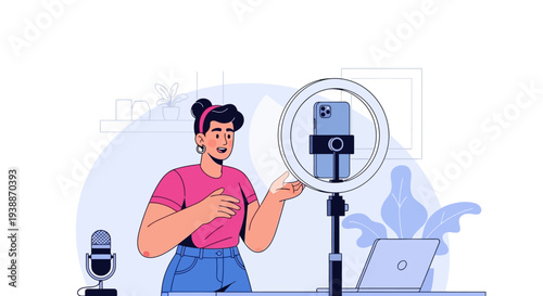 Woman Recording Video with Ring Light Setup.