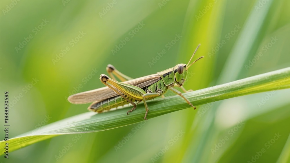 Fototapeta premium Close-up of a green grasshopper perched on a blade of grass in a natural setting