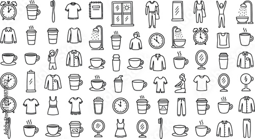 Set of daily routine line icons isolated on transparent background