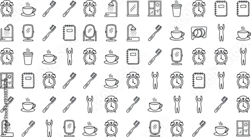 Set of morning routine line icons isolated on transparent background