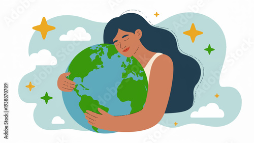 Woman embracing earth globe with stars and clouds on blue background symbolizing love and care for the planet on earth day