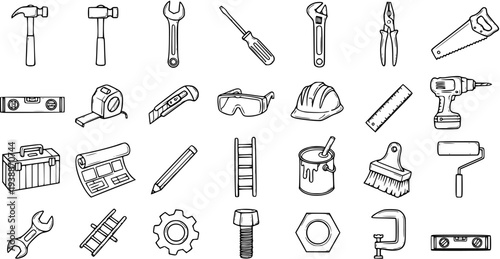 Construction and DIY Hand Tools Black and White Line Art Icons Set. Hand-drawn Doodle Style for Building, Renovation, and Home Improvement Projects.
