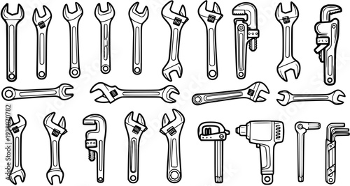 Black and White Line Art Vector of Various Wrenches and Tools, Construction and Repair Equipment