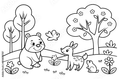 Cute Forest Animals Coloring Page for Kids - Bear, Rabbit, Deer, Squirrel Line Art
