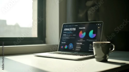Laptop on desk by window displaying analytics with coffee cup beside it in morning light