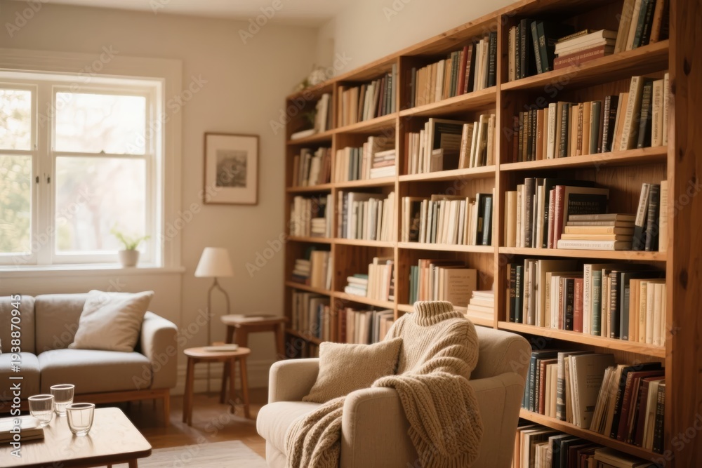 Fototapeta premium Cozy living room with large wooden bookshelf, comfortable seating, and natural light from a window