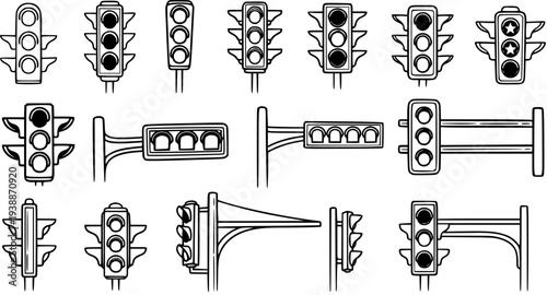 Black and White Line Art Icons of Traffic Signals, Transportation, Safety, City, Road Control