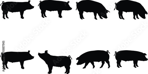 Diverse set of black pig silhouettes in different postures and orientations, representing farm animals for graphic design purposes.