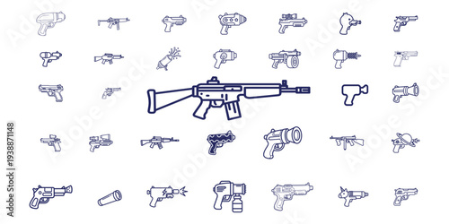 Set of toy guns, water pistols, and sci-fi blaster line art icons.