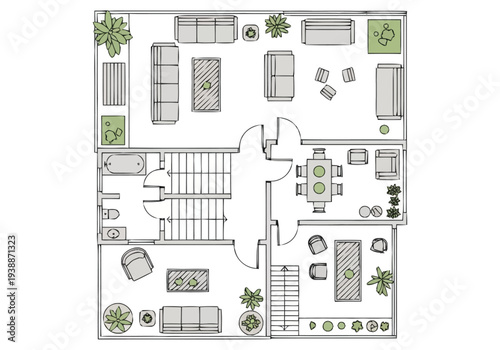 Architectural Floor Plan Layout Of A Modern Two Story Home With Furniture And Interior Design Elements View From Overhead furniture icons interior