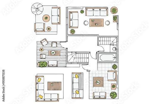 Architectural Floor Plan Visualization of a Modern House Layout Featuring Living Spaces and Outdoor Areas furniture icons interior design