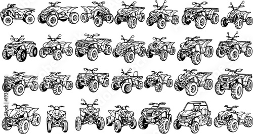 ATV Quad Bike and UTV Line Art Set. Black and White Outline Collection for Off-road Automotive Recreation, Adventure, and Motorsports
