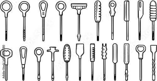 Black and White Line Art Set of Diverse Hand Tools: Drivers, Picks, Awls, Reamers, and Bottle Openers for DIY, Hardware, and Repair Industries
