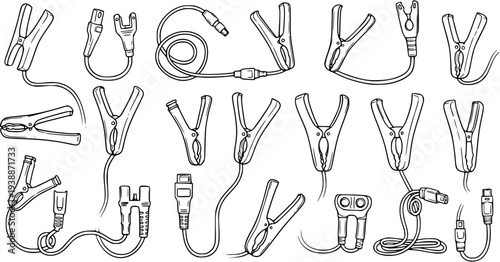 Black and White Line Art of Automotive Jumper Cable Clamps and Connectors