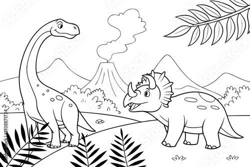Dinosaur Coloring Page for Kids - T-Rex, Brachiosaurus, Triceratops Prehistoric Line Art