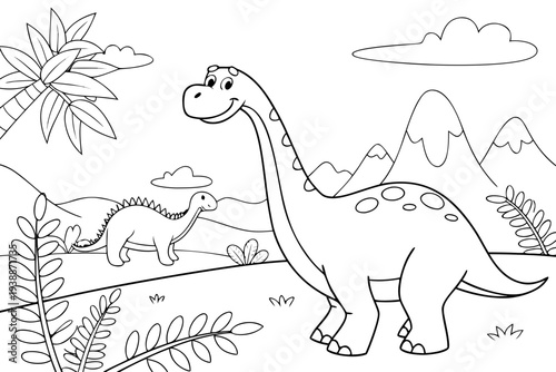 Dinosaur Coloring Page for Kids - T-Rex, Brachiosaurus, Triceratops Prehistoric Line Art