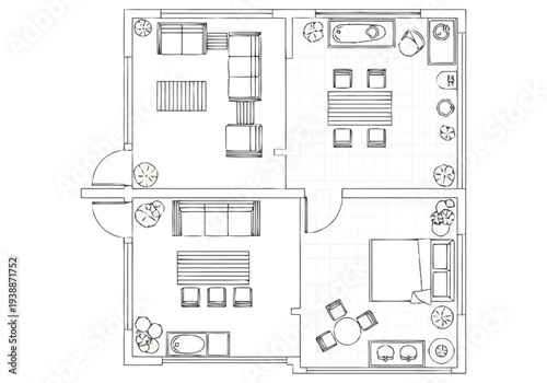 Modern Apartment Layout Blueprint Floor Plan Design With Furniture Arrangement For Living Room Bedroom And Dining Area Ideal Home furniture icons