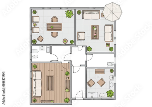 Residential Floor Plan Layout Design With Outdoor Living Spaces Including Dining Area Patio And Balcony Furnishings And Greenery Architectural