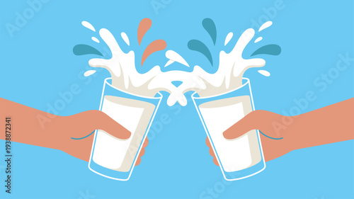 Hands toasting milk glasses splash celebration illustration