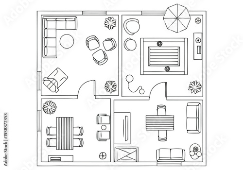 Modern Apartment Floor Plan Layout With Furniture Arrangement And Room Division Visual Elements furniture icons interior design architecture overhead