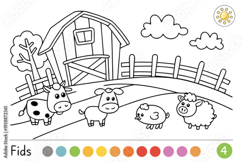 Farm Animals Coloring Page for Kids - Cow, Pig, Chicken, Sheep Barn Line Art