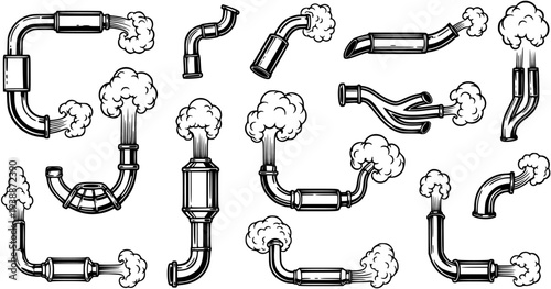 Industrial Exhaust Pipes Black  White Line Art Set. Hand-drawn Vector Collection of Steaming Pipes, Smoke Stacks, and Vents for Environmental  Energy Design.