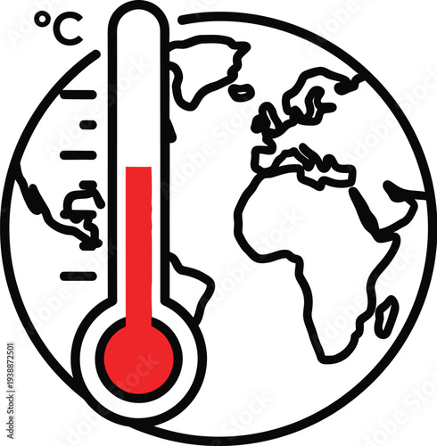Simple line art icon depicting global warming threat indicated by a rising red thermometer against the outline of Earth.