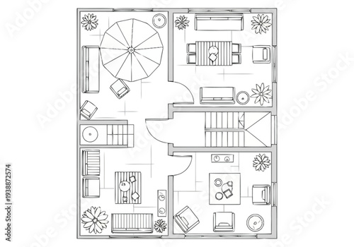 Modern Architectural Floor Plan Design Concept Showing Interior Layout With Furniture And Outdoor Space Elements furniture icons interior design
