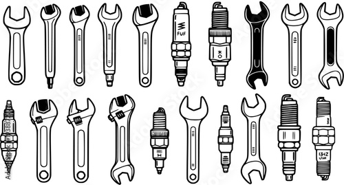 Automotive Repair Tools Black  White Line Art Collection: Hand-drawn Wrenches and Spark Plugs Icon Set