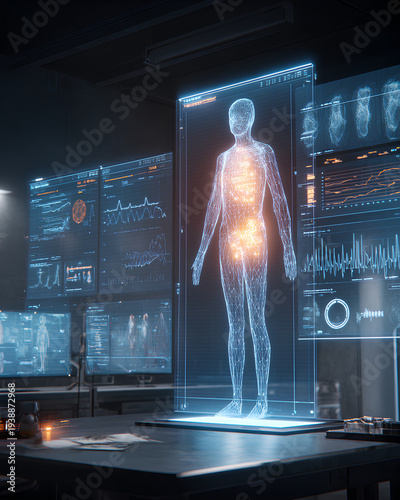 AI assisted radiology with glowing 3D human body scan and diagnostic analysis nodes precision medicine concept