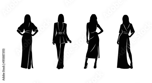 Minimal women model silhouette logo set featuring 4 elegant fashion poses including standing pose, runway walking model, circular emblem badge, and stylish side profile design.